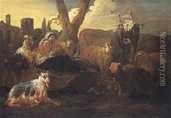 A Drover With Cattle And Sheep In A Landscape Oil Painting - Cajetan Roos