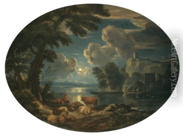 A Moonlit Scene With A Shepherd And Shepherdess Resting With Their Herd Beside A Lake Oil Painting - Pieter Mulier the Younger
