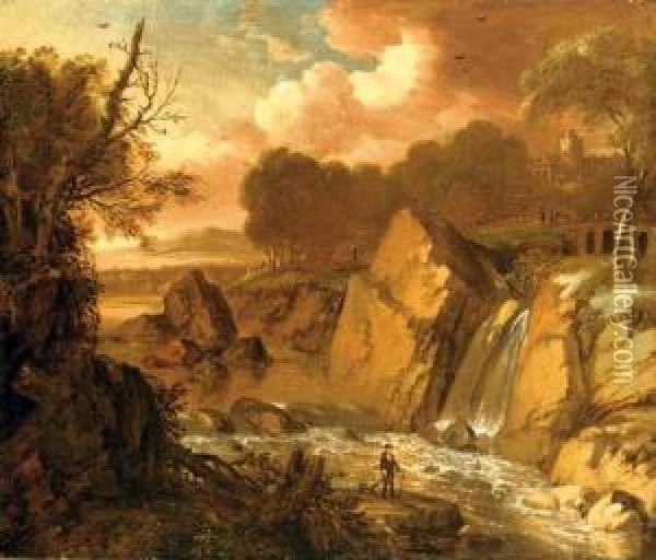 A Traveler On A Path By A Waterfall In An Italianate Landscape, A Fortress Beyond Oil Painting - Gerard Van Edema