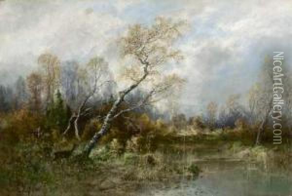 Herbstwald Mit Rehwild Am Ufer Oil Painting - Eduard Josef Muller
