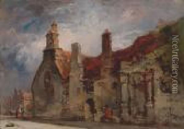 Figures Outside An Old Church - Possibly Wilton Oil Painting - William Callow