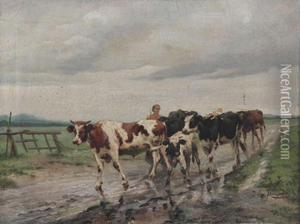 Boerin Met Koeien Op De Terugweg Na De Regen Oil Painting - Jef Louis Van Leemputten