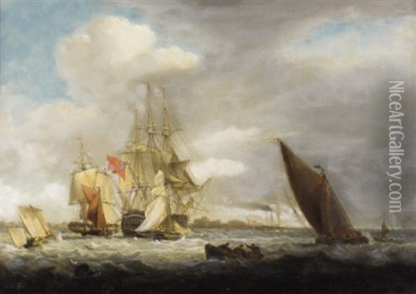 A British Ship Of The Line Of The Red Fleet Oil Painting - Thomas Luny