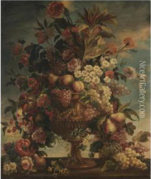 A Bouquet Of Flowers And Fruit On A Stone Ledge Oil Painting - Caspar Pieter I Verbrugghen