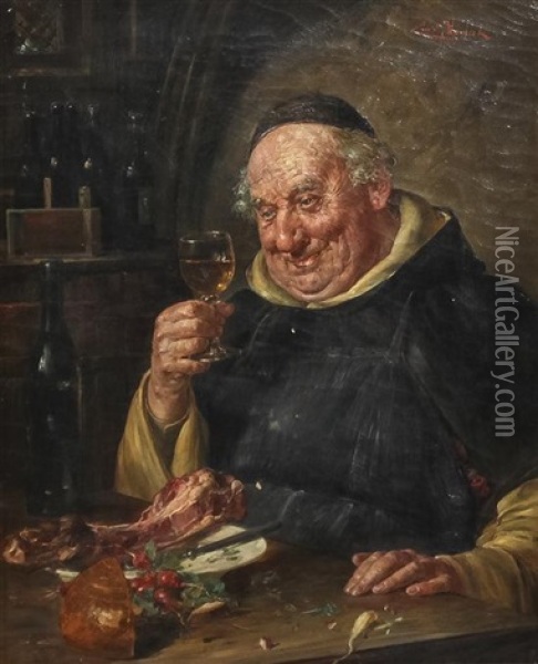 Monk At Dinner Oil Painting - Ernst Nowak