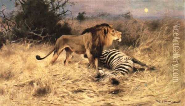 Lowe Mit Erlegtem Zebra Oil Painting - Wilhelm Friedrich Kuhnert
