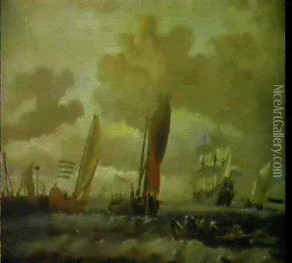 Navires De Haut Bord Et Barques De Peches Sous Le Vent Oil Painting - Ludolf Backhuysen the Elder