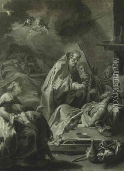 A Bishop Saint Blessing The Sick Oil Painting - Giovanni Battista Pittoni the younger