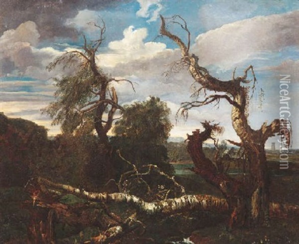 Nach Dem Gewitter. Umgesturzte Und Zerkluftete Baume In Weiter Sommerlicher Landschaft Oil Painting - Anton Faistenberger