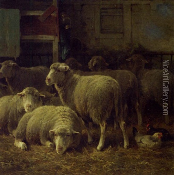Sheep And Poultry In A Stable Oil Painting - Cornelis van Leemputten