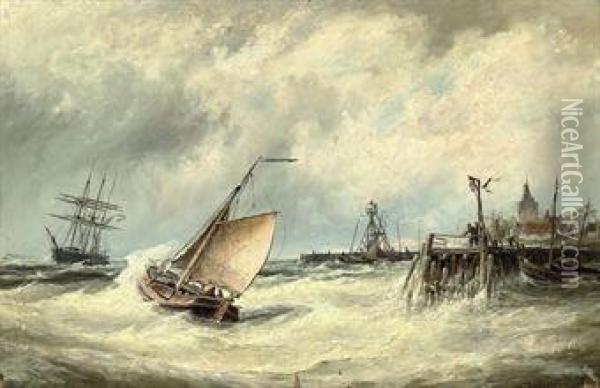 Rough Weather On The Zuider Zee Before Elburg, Holland Oil Painting - Cornelis Christiaan Dommersen