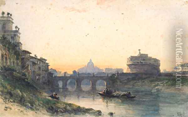 View across the Tiber to St. Peter's and Castel Sant 'Angelo, Rome Oil Painting - William Wyld