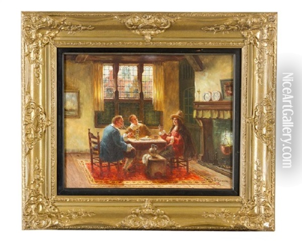 Conversation In A Dutch Interrior Oil Painting - Fritz Wagner