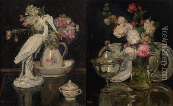 Compositions Florales Et Aux Objets (2 Works) Oil Painting - Jules Alexandre Gruen