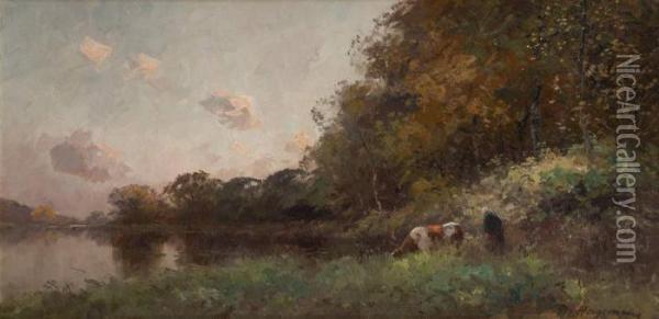 Vache S'abreuvant Au Coucher Dusoleil Oil Painting - Maurice Hagemans