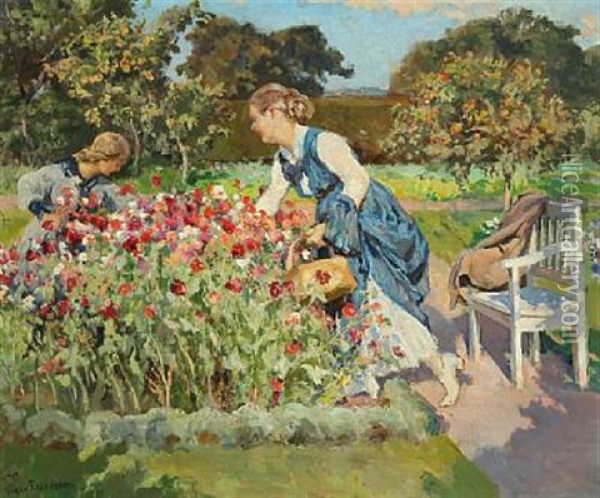 Sommerdag I Haven, Blomsterne Plukkes Oil Painting - Viggo Pedersen