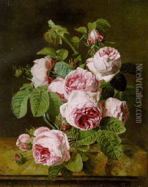 Pink Roses In A Glass Vase On A Marble Edge Oil Painting - Iphigenie Decaux