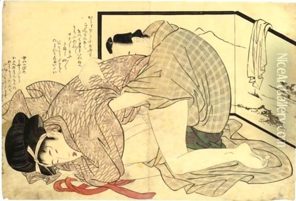 Two Shunga From 'Ehon Komachi-Biki' Oil Painting - Kitagawa Utamaro