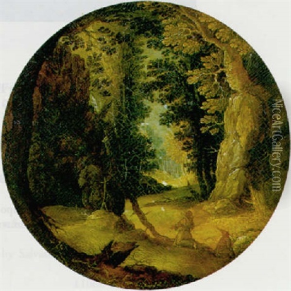 Two Hermits In A Rocky Woodland Landscape Oil Painting - Abraham Govaerts