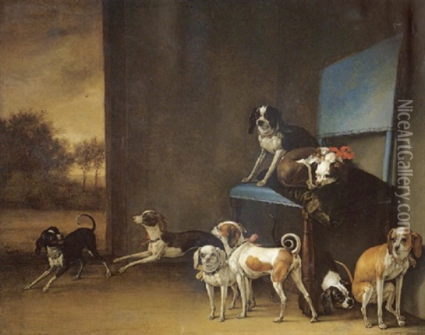 A Hall Interior With A Group Of Eight Dogs, Two Seated Upon A Green Cushion, The Others Resting And Playing On The Ground Oil Painting - Paulus Potter