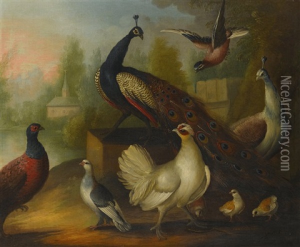 Peacocks, Chickens And Other Birds In A River Landscape Oil Painting - Marmaduke Cradock