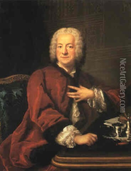 Portrait Of A Gentleman In A Fur-lined Red Coat Oil Painting - Louis Michel van Loo