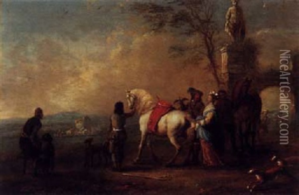 Horsemen Standing Outside A Grotto Oil Painting - Carel van Falens