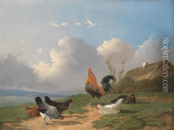Chicken Yard Oil Painting - Frans Van Leemputten