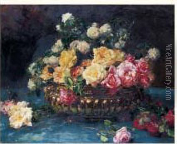 Roses Dans Un Bassin En Cuivre Oil Painting - Alexis Kreyder