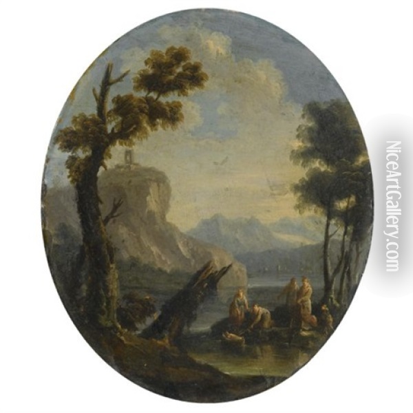 A Craggy River Landscape With The Finding Of Moses In The Foreground Oil Painting - Marco Ricci