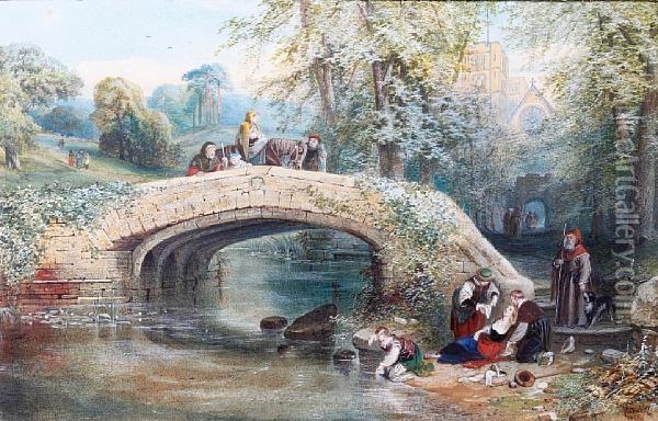 Figures Assisting A Fainting Maiden, With Travellers Crossing A Bridge Oil Painting - John Edmund Buckley