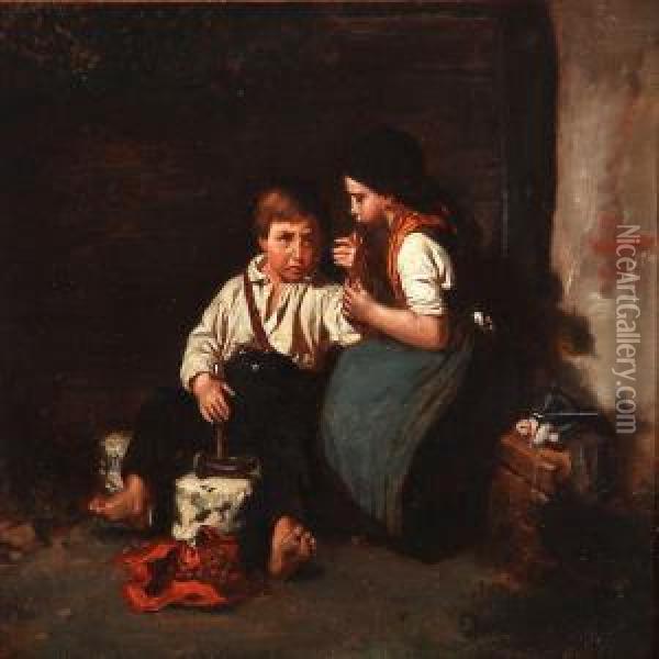 A Boy Has Hit Himself With A Hammer And Is Comforted By A Girl Oil Painting - Carl /aug.Joh.F.Carl Lorange
