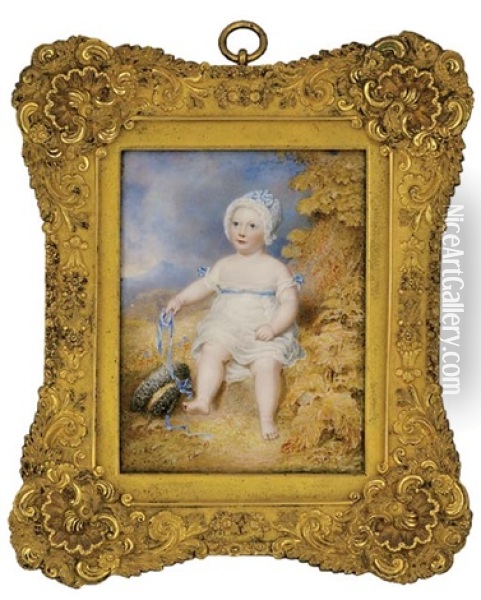 Archibald William, 8th Marquess Of Queensberry As A Child, Full-length, Seated On A Bank In Loose White Dress, With Blue Bows At Shoulders And Holding A Blue Ribbon In His Right Hand Oil Painting - William Douglas