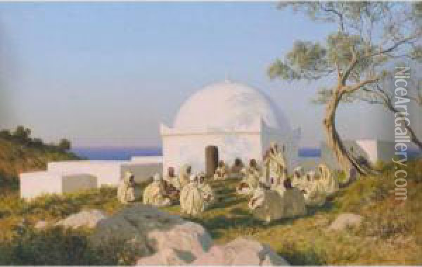 Arabs By The Mosque Oil Painting - Stefan W. Bakalowicz