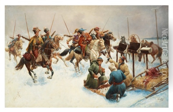 Vinterlandskap Med Kosacker Oil Painting - Adolf (Constantin) Baumgartner-Stoiloff