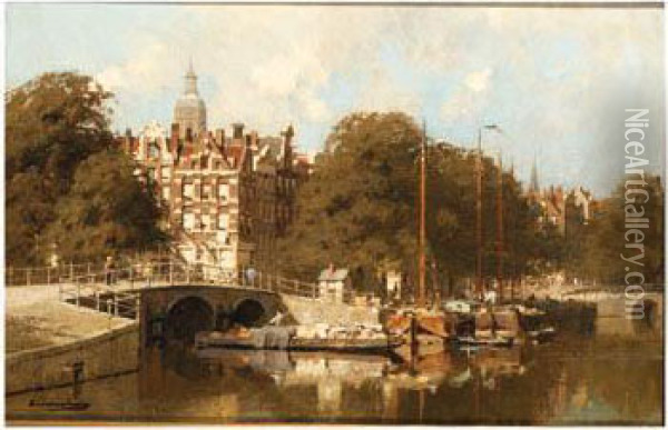 A Canal Junction In Amsterdam Oil Painting - Johannes Christiaan Karel Klinkenberg