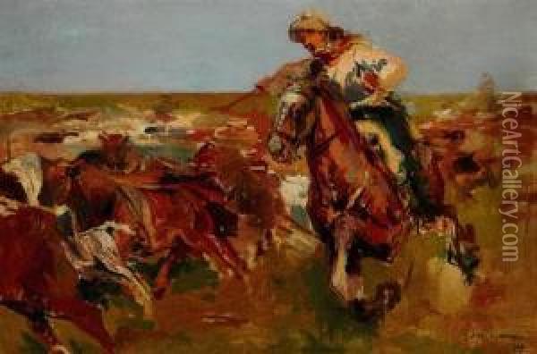 Jinete A Caballo Y Ganado En La Pampa Oil Painting - Julio Vila y Prades