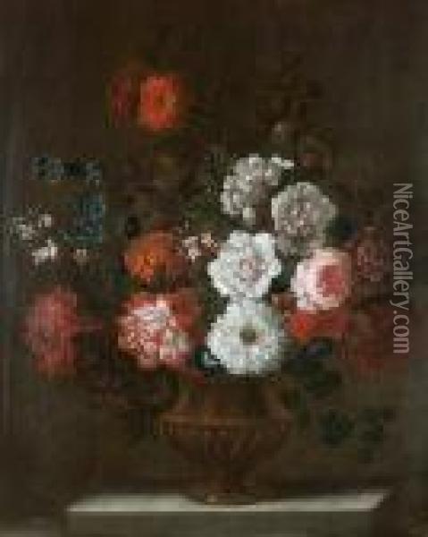 Chrysanthemums, Roses, A Peony And Other Flowers In A Bronze Urn On A Stone Ledge Oil Painting - Pieter III Casteels