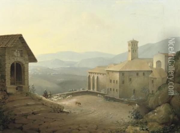 A Capriccio View Of The Upper Side Of The Basilica Di San Francesco, Assisi Oil Painting - Joseph Augustus Knip