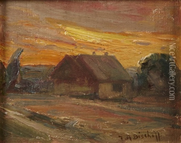 House With A Sunset Beyond Oil Painting - Franz Arthur Bischoff