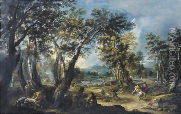 Landscape With A Stag Hunt Oil Painting - Antonio Stom