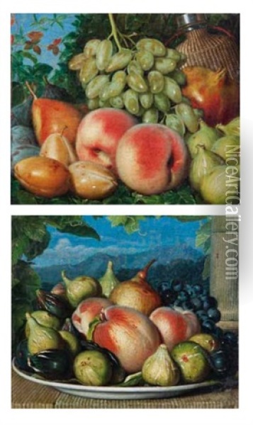 Pommes Et Figues Dans Une Assiette (+ Poires, Pommes Et Prunes Et Raisins A L'exterieur; Pair) Oil Painting - Joseph-Laurent Malaine
