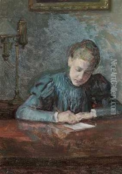 En Kvinde I Bla Kjole Skriver Et Brev Oil Painting - Julius Jersild