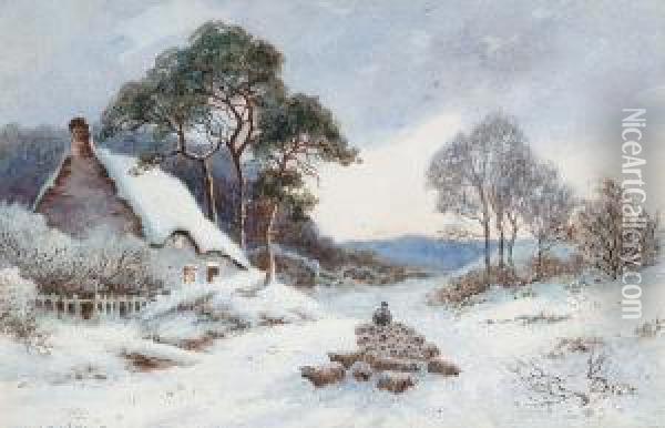 A Shepherd And His Flock In A Snowy Landscape Oil Painting - Thomas Nicholson Tyndale