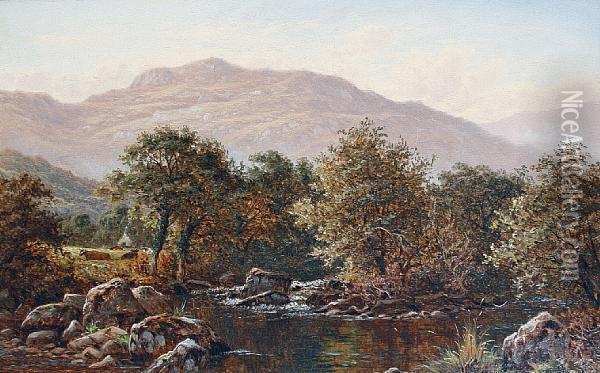 Cows Resting By A Mountain Stream; A Cattle Drover On A River Bridge, A Pair Oil Painting - Thomas Spinks