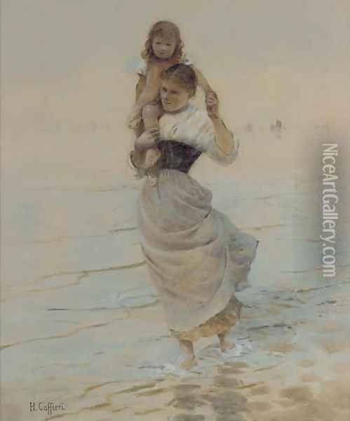 A mother carrying her child through the shallows Oil Painting - Hector Caffieri