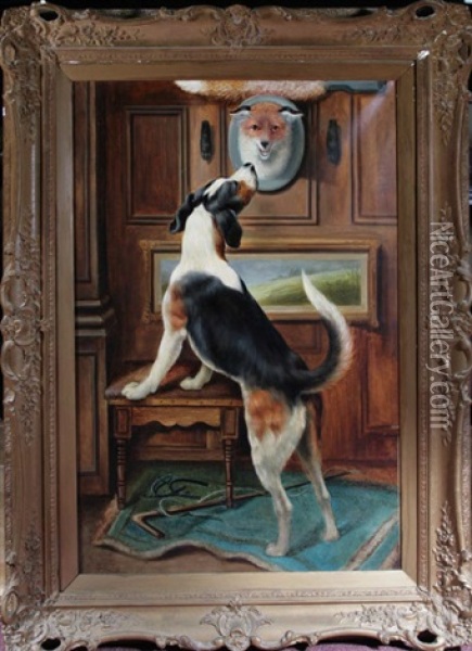 Haven't We Met Before?- A Hound Inspecting A Wall-mounted Fox-mask Oil Painting - Alfred William Strutt