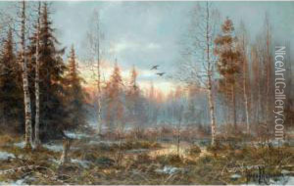 Forest At Dawn Oil Painting - Wladimir Leonidovich Murawjoff