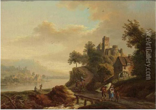 A River Landscape With Travellers On A Path, A Castle On A Mountain Beyond Oil Painting - Christian Georg Schuttz II