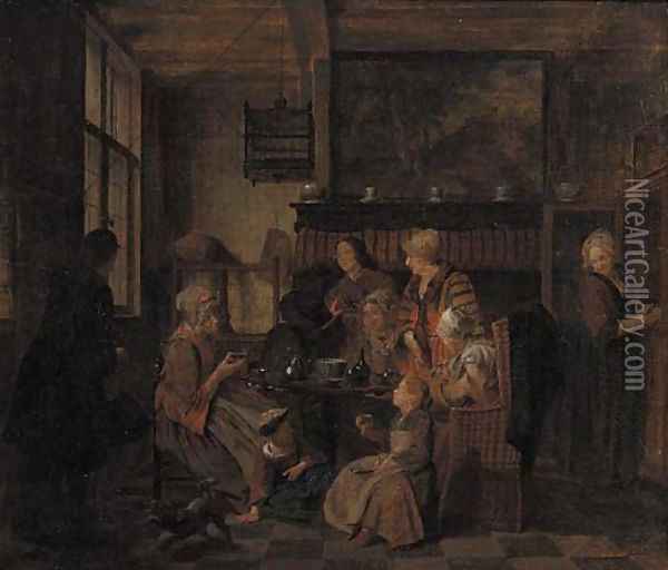 A family drinking tea at table in an interior Oil Painting - Jan Jozef, the Younger Horemans